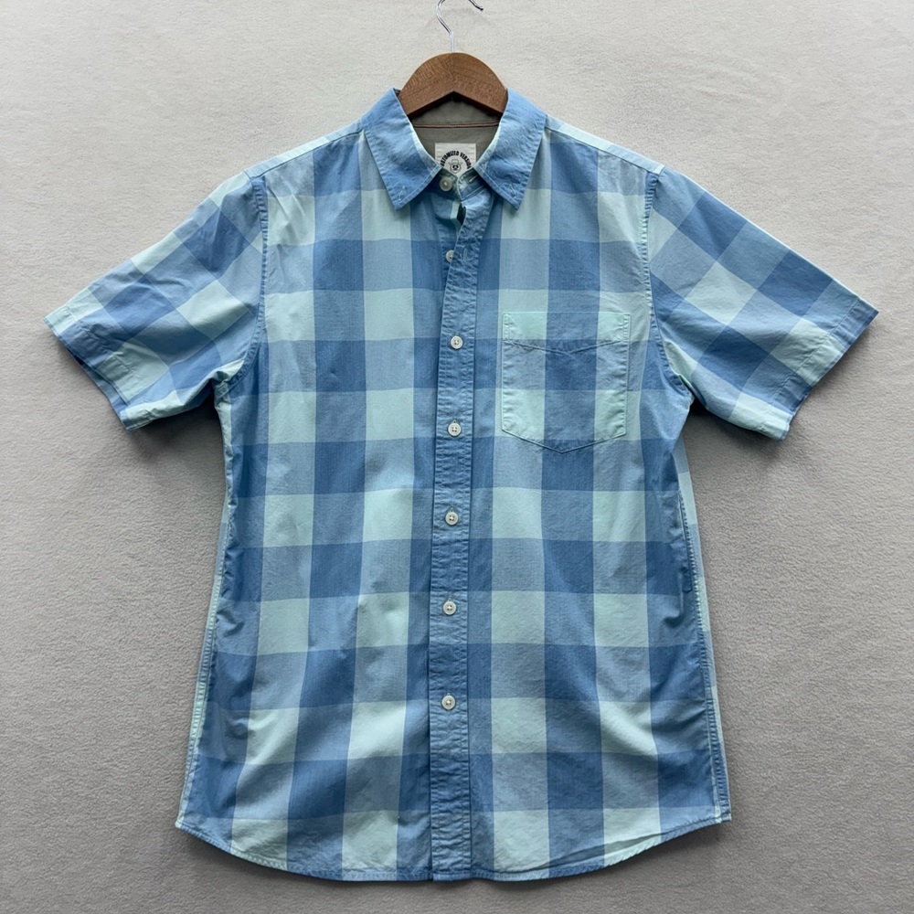 Customized Version Mens Small Button Up Shirt Short Sleeve Plaid Print Blue